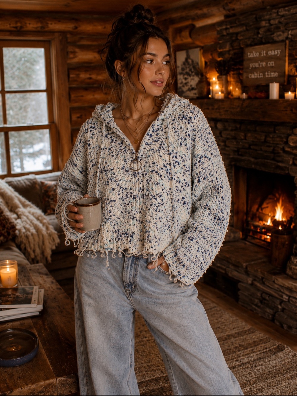 Miracle Blue and White Distressed Textured Knit Hoodie Sweater